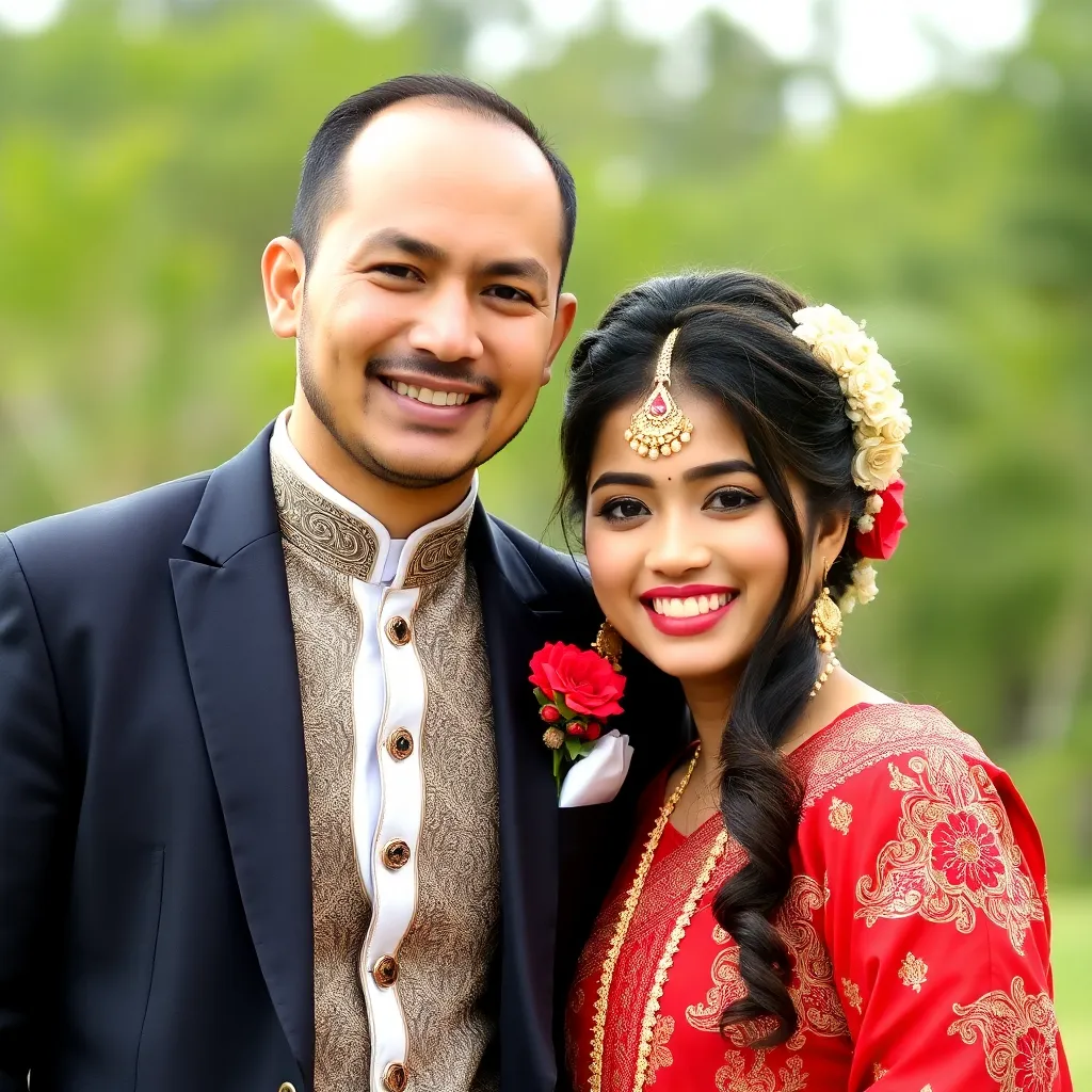 A couple smiling in traditional attire