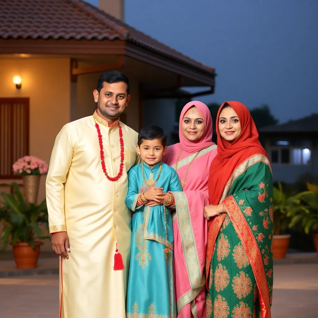 A family of four in traditional attire